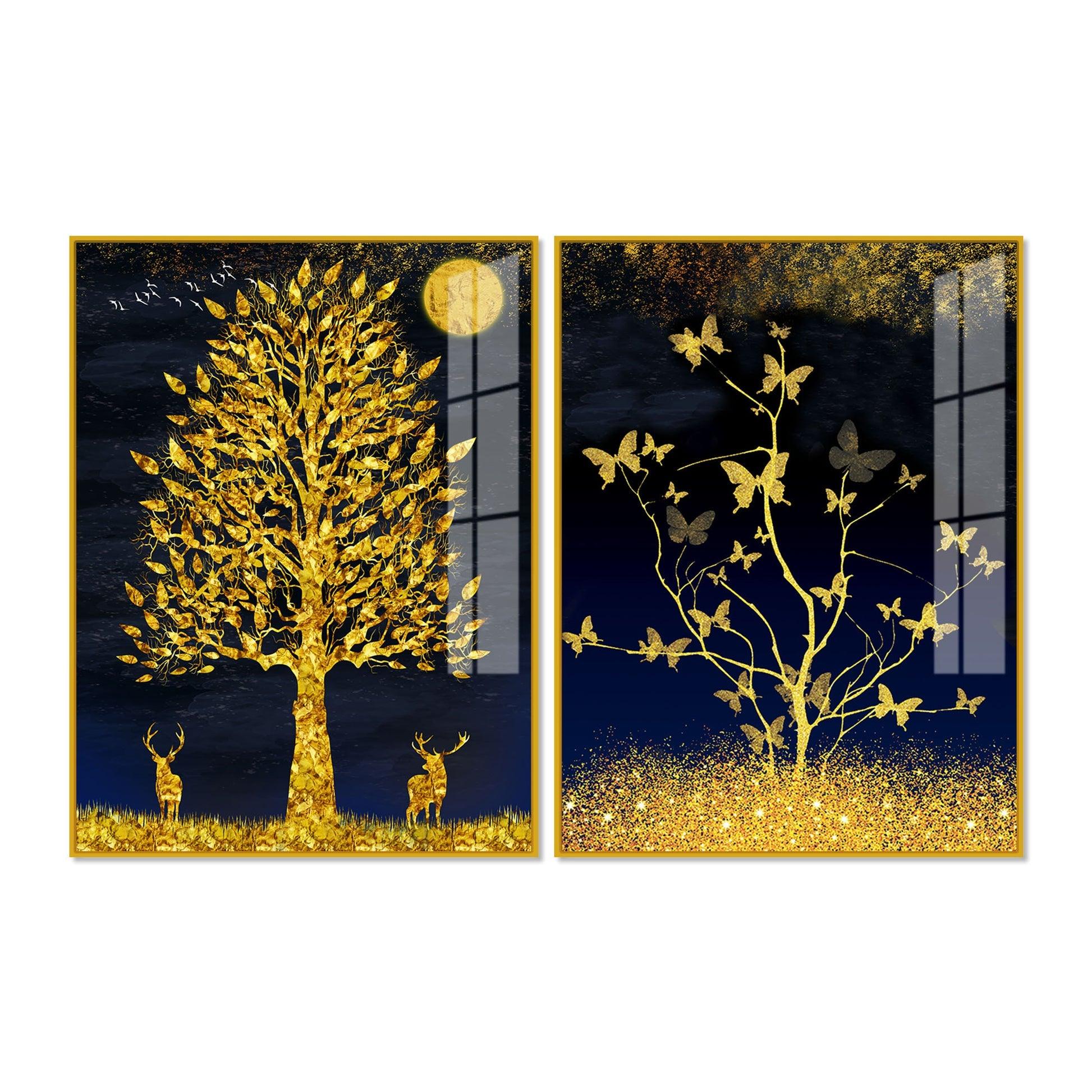 Abstract Golden Shiny Leaves Acrylic Floating Wall Painting Set Of 2 - Decor Mantra 