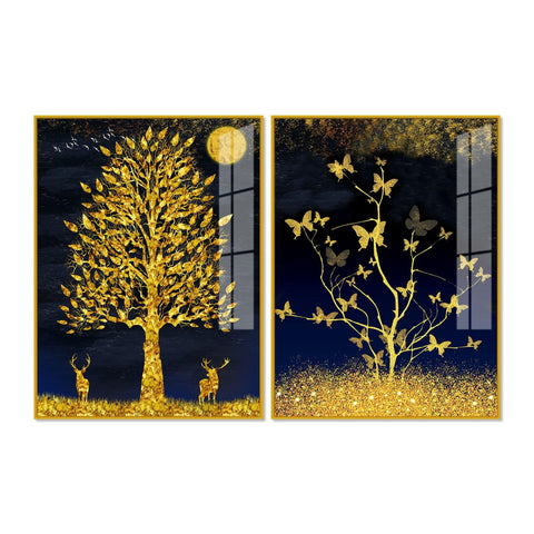 Abstract Golden Shiny Leaves Acrylic Floating Wall Painting Set Of 2 - Decor Mantra 