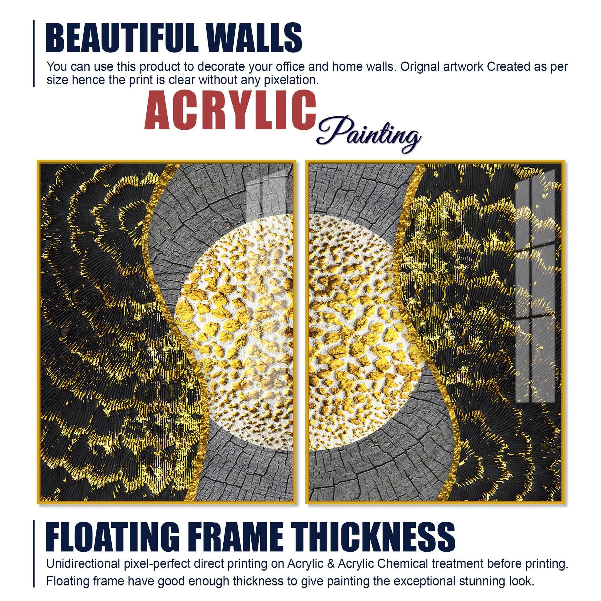 Golden Textured Pattern Acrylic Floating Wall Painting Set of 2 - Decor Mantra 