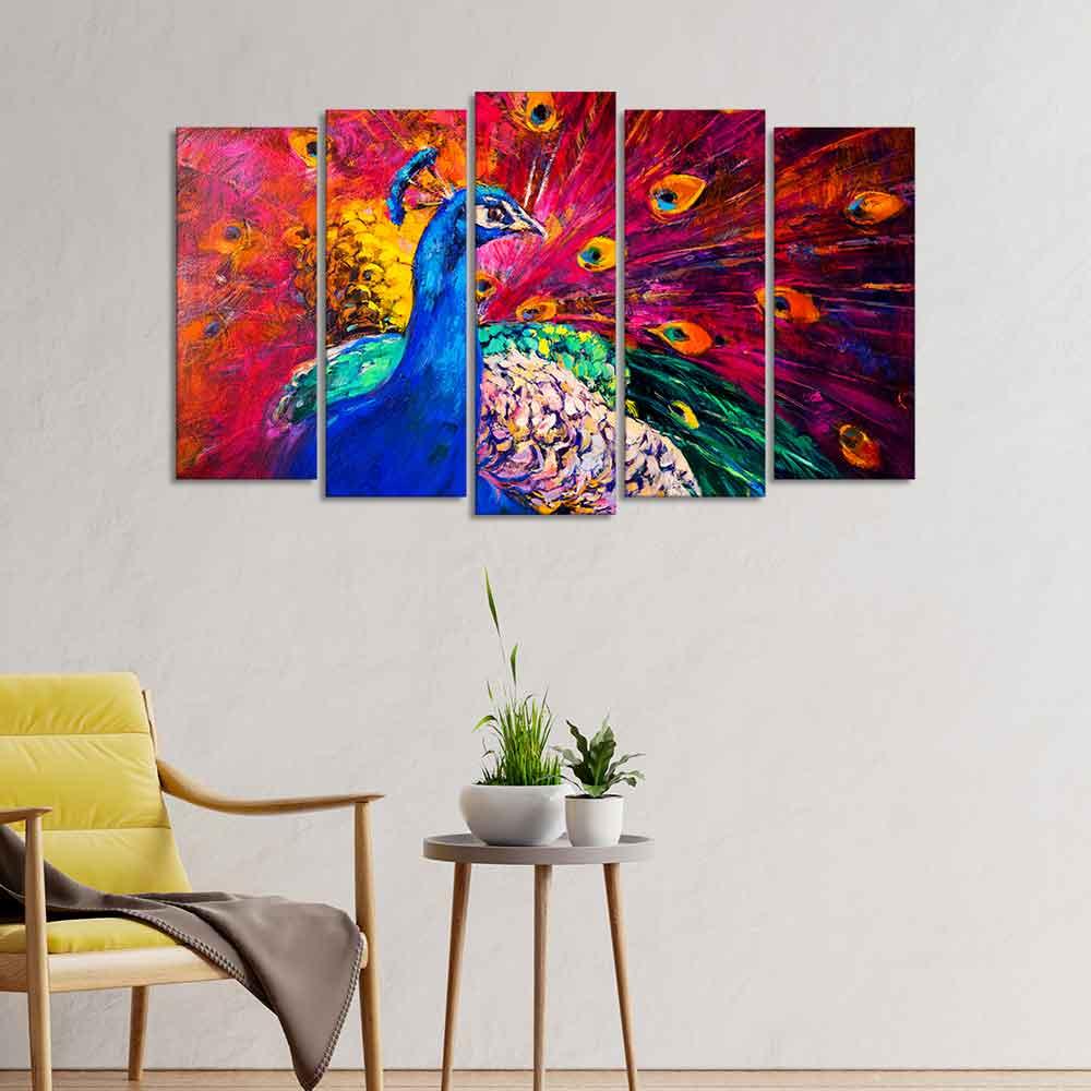 Beautiful Peacock Canvas Wall Painting of Five Pieces - Decor Mantra 