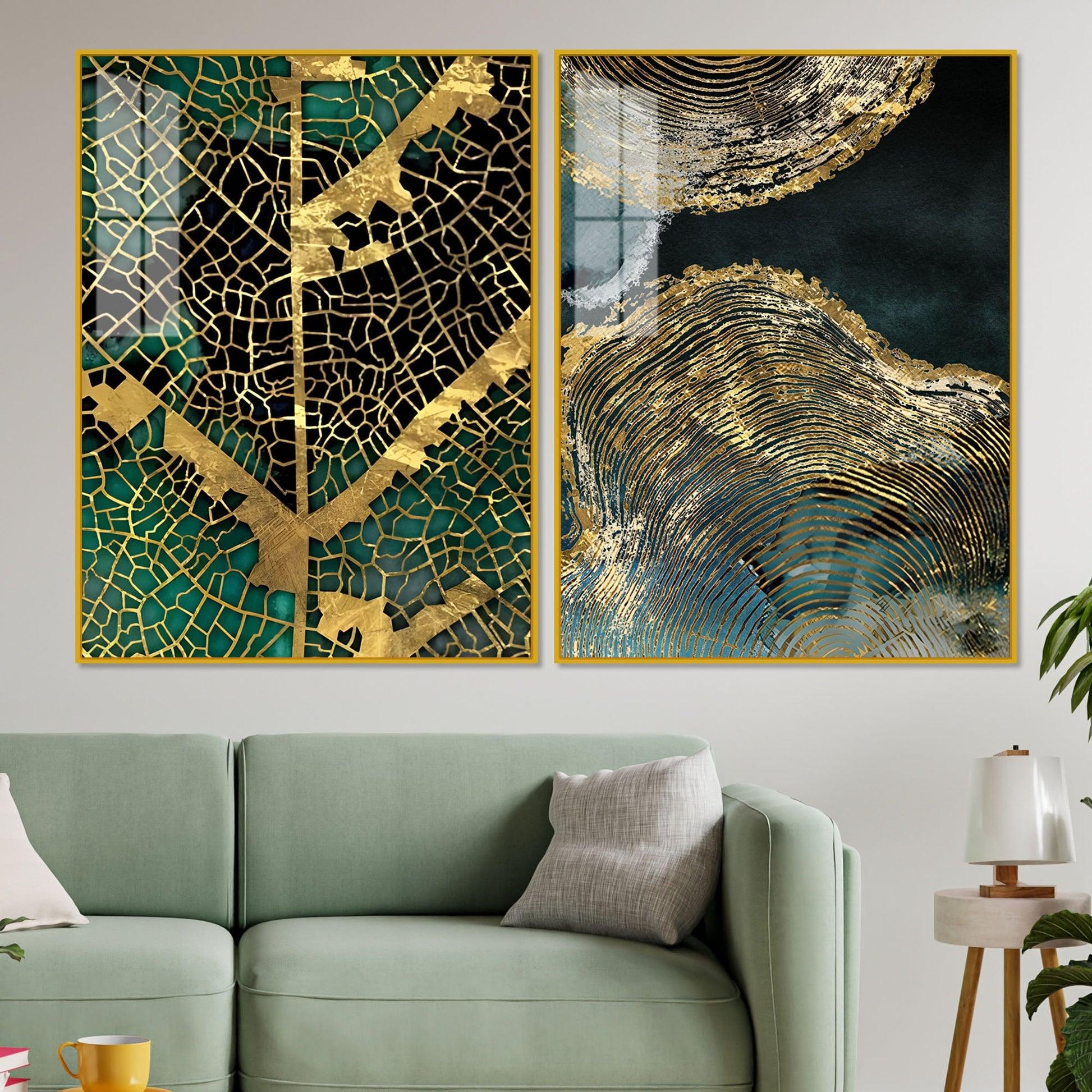 Amazing Golden Pattern Acrylic Floating Wall Painting Set of 2 - Decor Mantra 