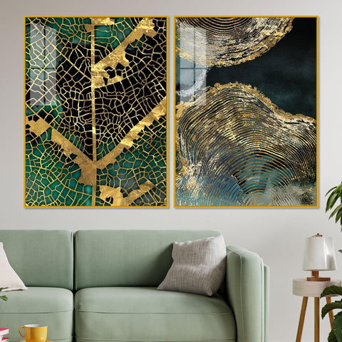 Amazing Golden Pattern Acrylic Floating Wall Painting Set of 2 - Decor Mantra 