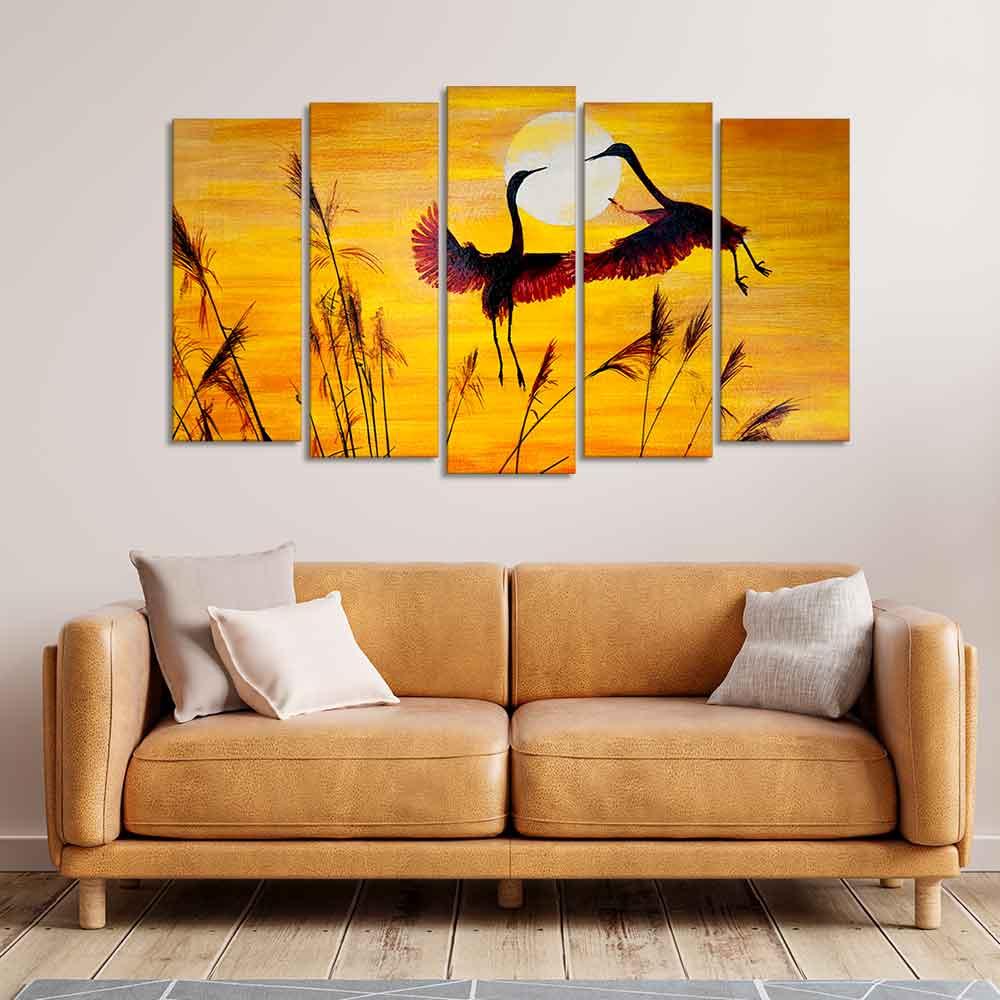 Flamingos Flying in Sunset 5 Pieces Wall Painting - Decor Mantra 