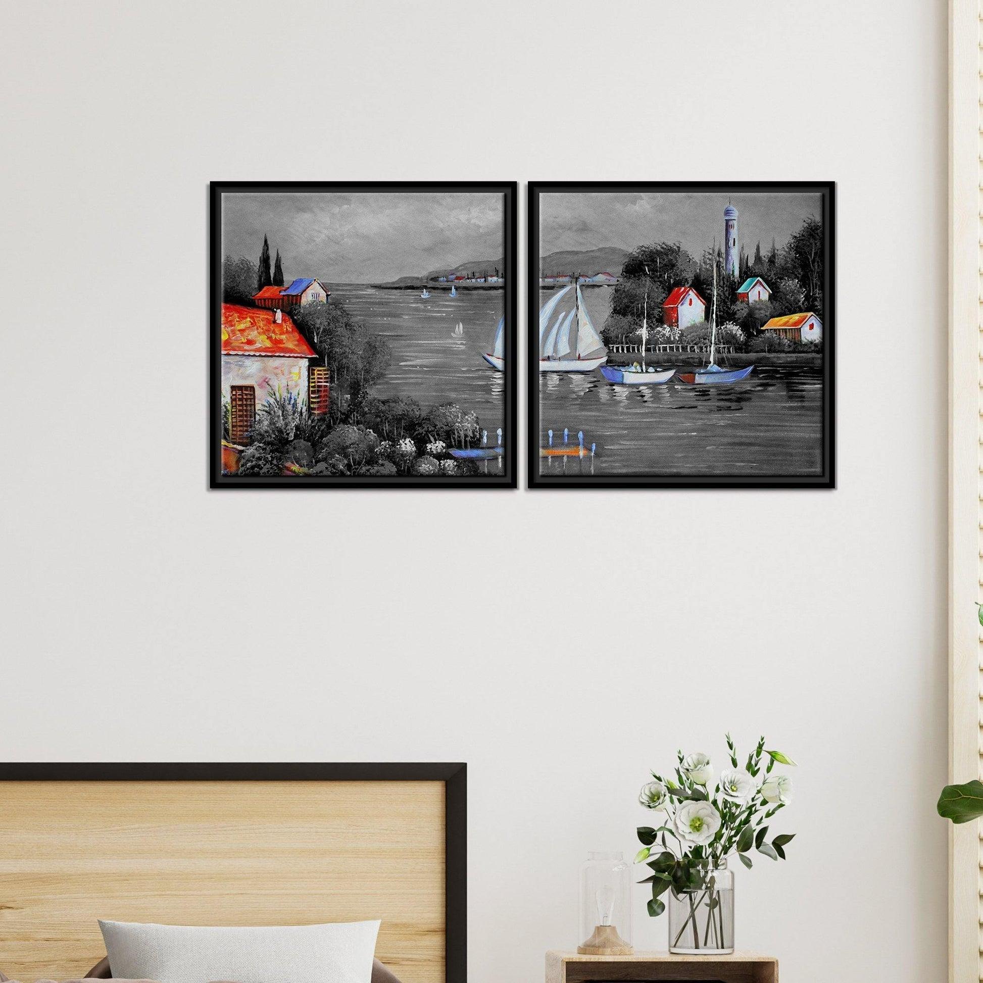 Beautiful Lake View Scenery Wall Painting of 2 Pieces Floating Frame - Decor Mantra 