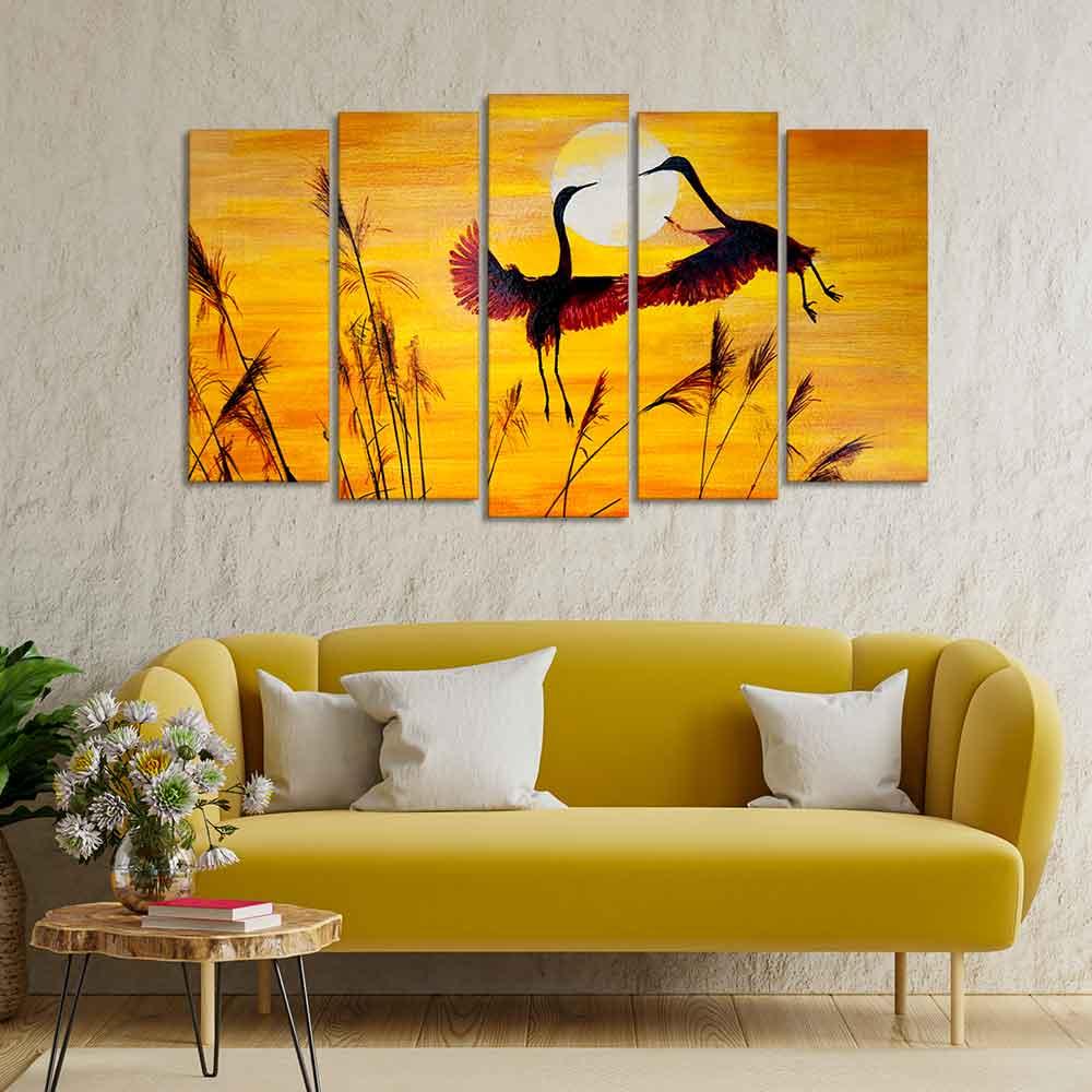 Flamingos Flying in Sunset 5 Pieces Wall Painting - Decor Mantra 