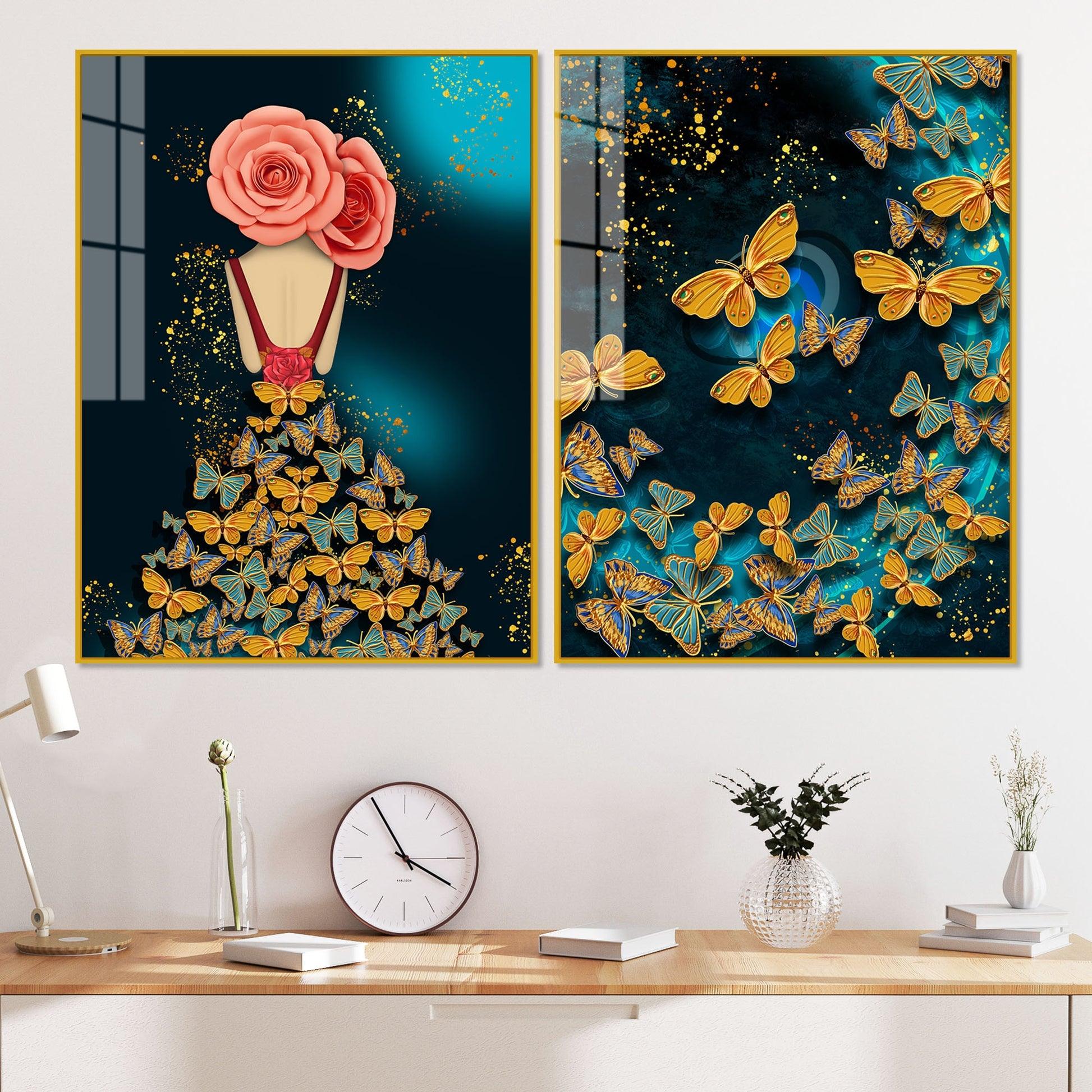 Dress of Golden Butterflies Acrylic Floating Wall Painting Set of 2 - Decor Mantra 