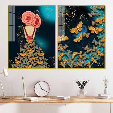Dress of Golden Butterflies Acrylic Floating Wall Painting Set of 2 - Decor Mantra 