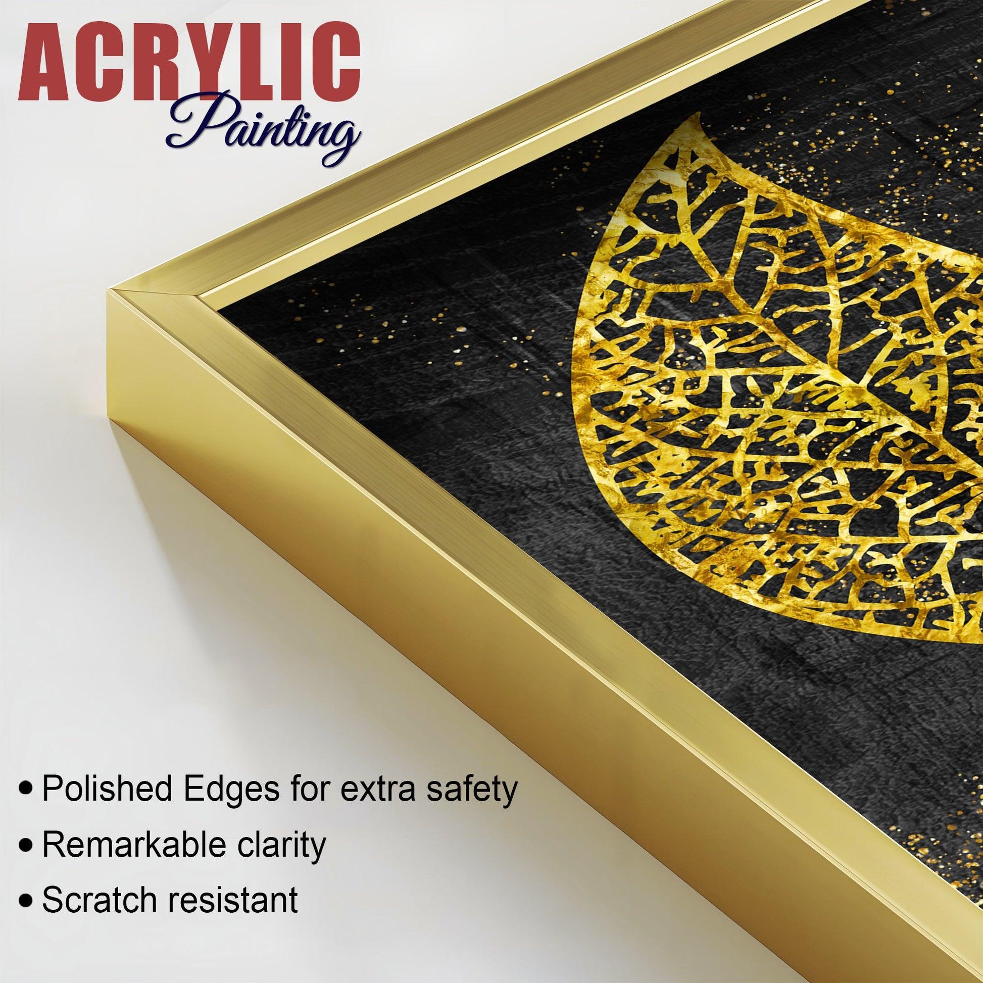 Abstract Golden Shiny Ginkgo Leaf Acrylic Floating Wall Painting Set Of 2 - Decor Mantra 