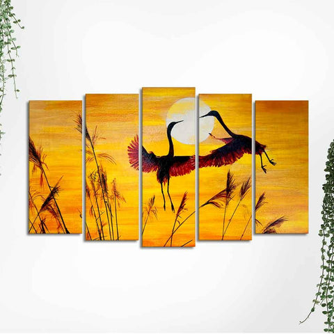 Flamingos Flying in Sunset 5 Pieces Wall Painting - Decor Mantra 
