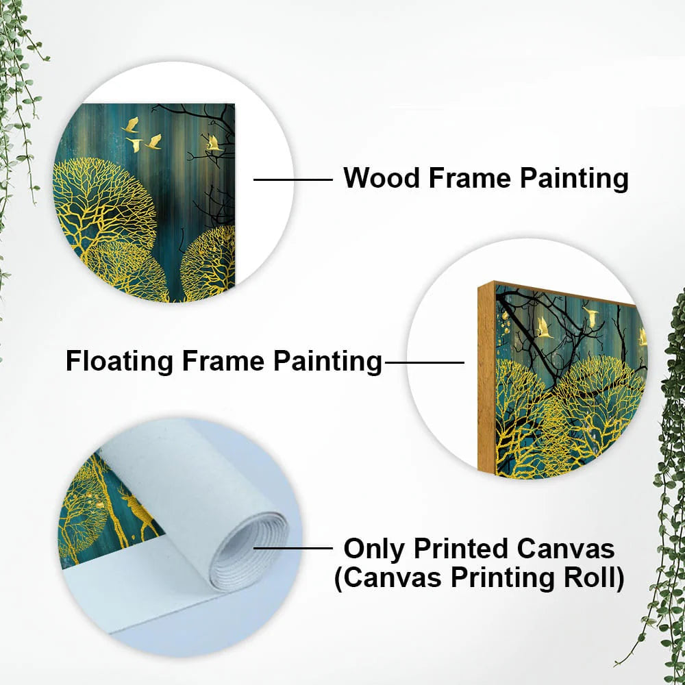 Golden Nightscape with Deers and Golden birds Canvas Wall Painting