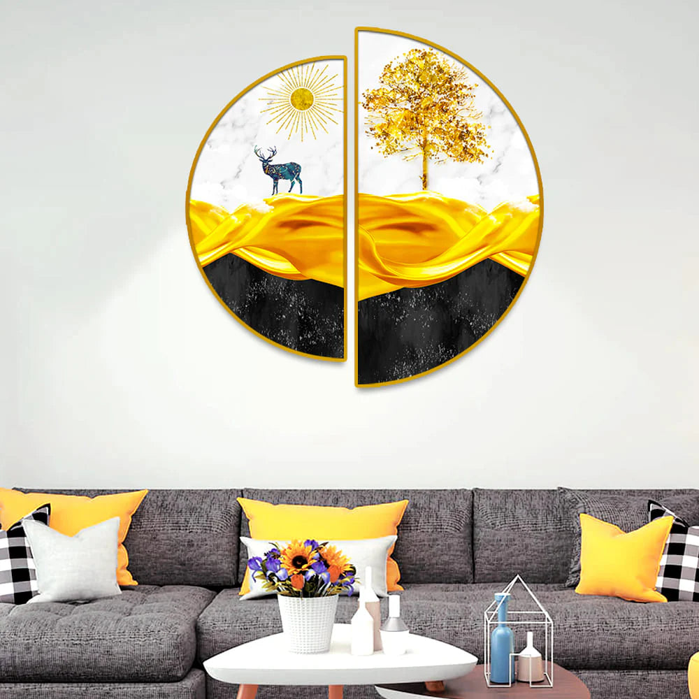 Golden Trees, Mountains, Semi Circle Canvas Wall Art & Paintings