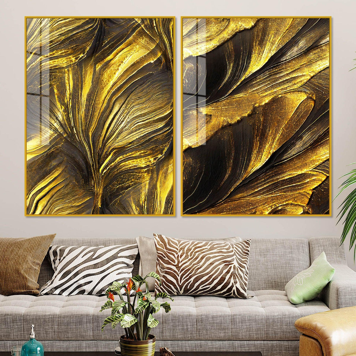 Golden Texture Acrylic Floating Wall Painting Set of 2 - Decor Mantra 