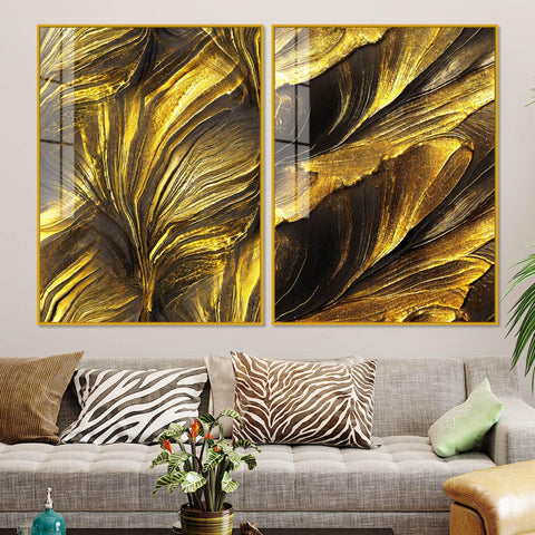Golden Texture Acrylic Floating Wall Painting Set of 2 - Decor Mantra 