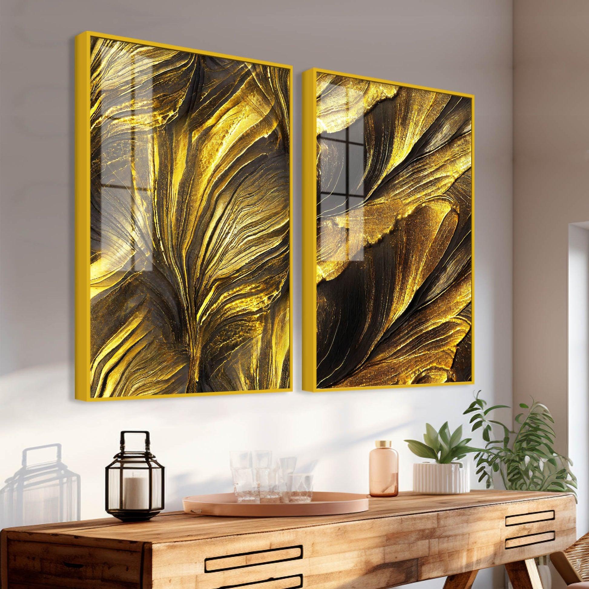 Golden Texture Acrylic Floating Wall Painting Set of 2 - Decor Mantra 