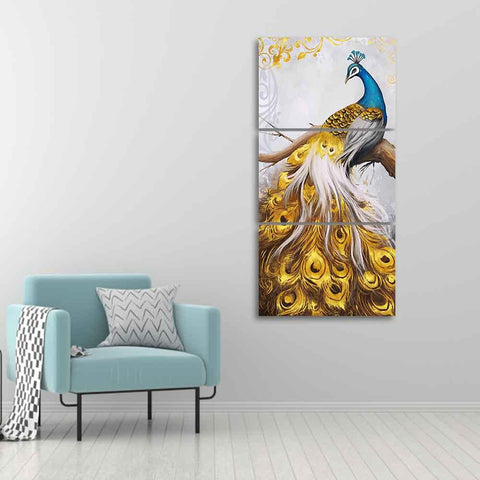 A Beautiful 3 Pieces Wall Painting of Golden Peacock - Decor Mantra 