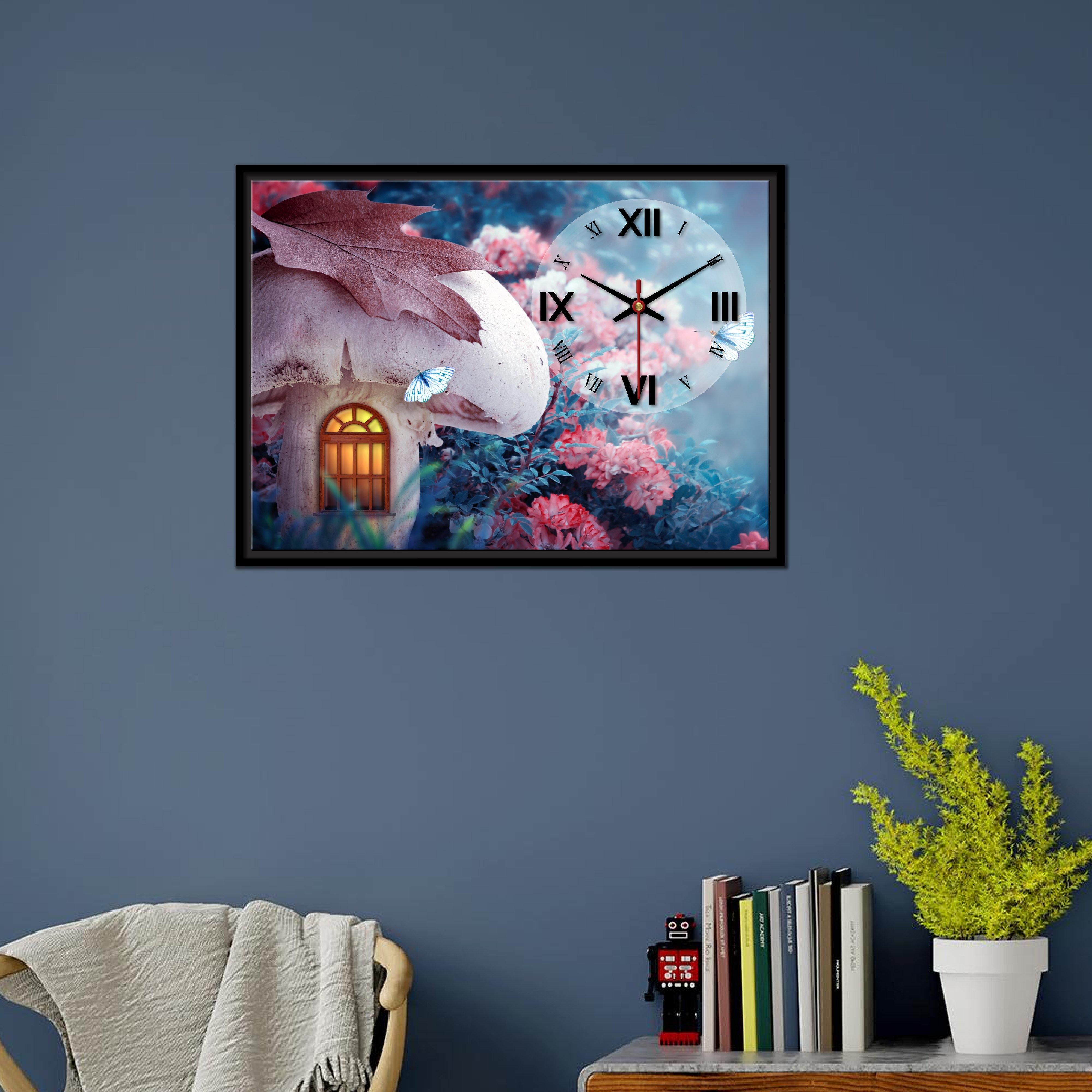 Floating Frame Mashroom House Wall Painting with Clock - Decor Mantra 