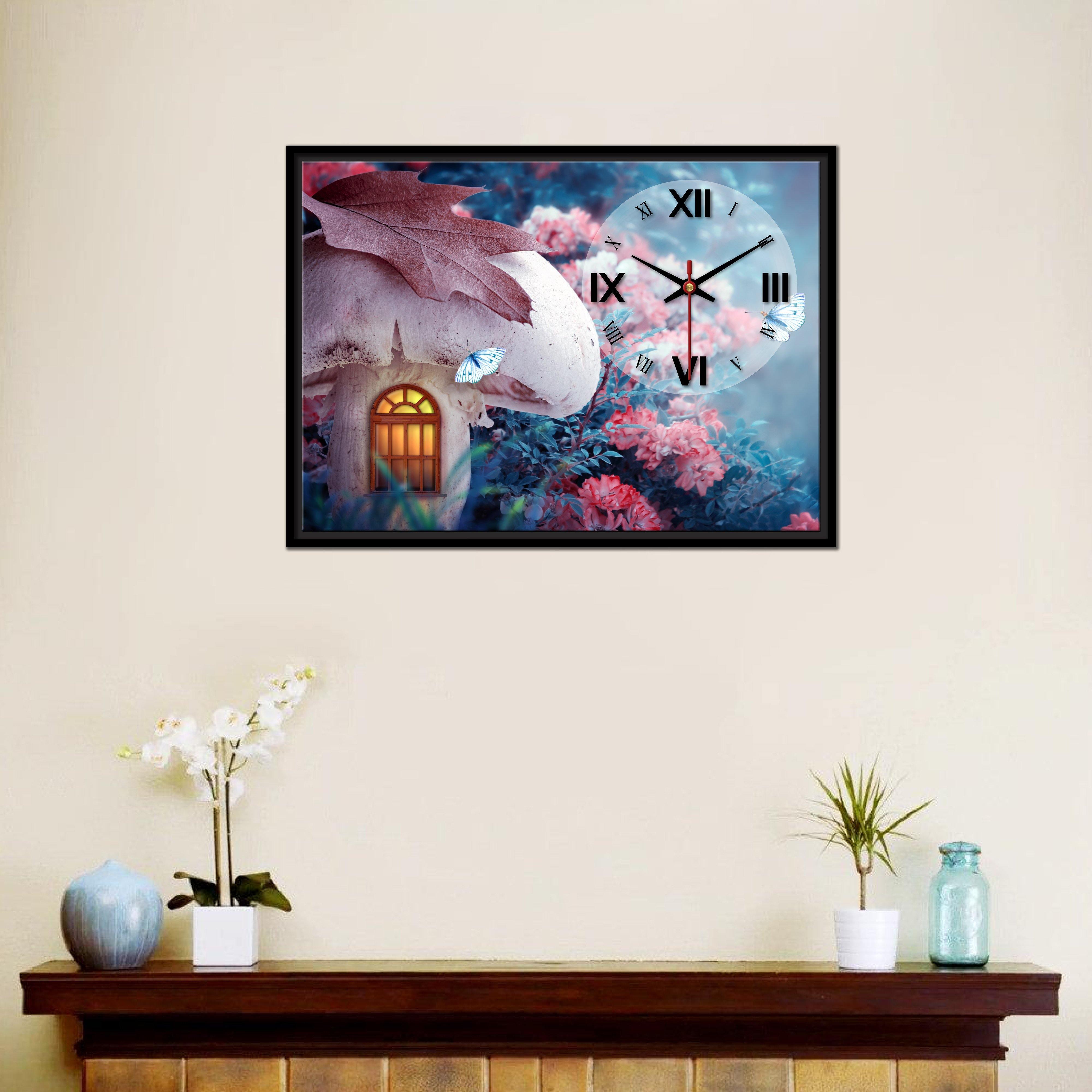 Floating Frame Mashroom House Wall Painting with Clock - Decor Mantra 