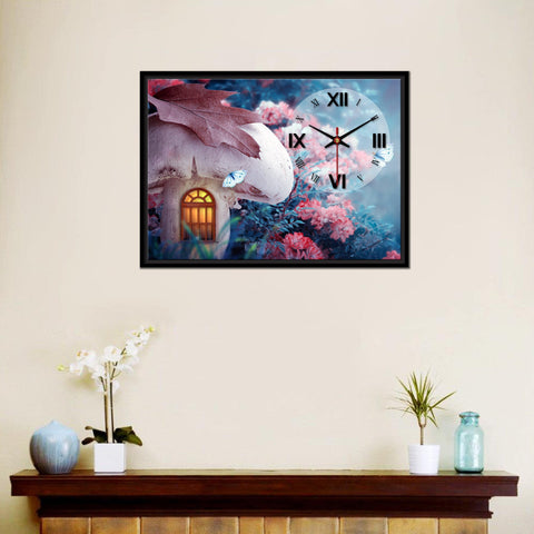 Floating Frame Mashroom House Wall Painting with Clock - Decor Mantra 