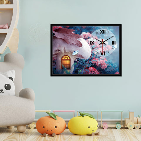 Floating Frame Mashroom House Wall Painting with Clock - Decor Mantra 