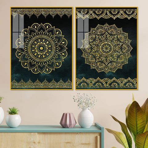 Golden Mandala Pattern Acrylic Floating Wall Painting Set of 2 - Decor Mantra 
