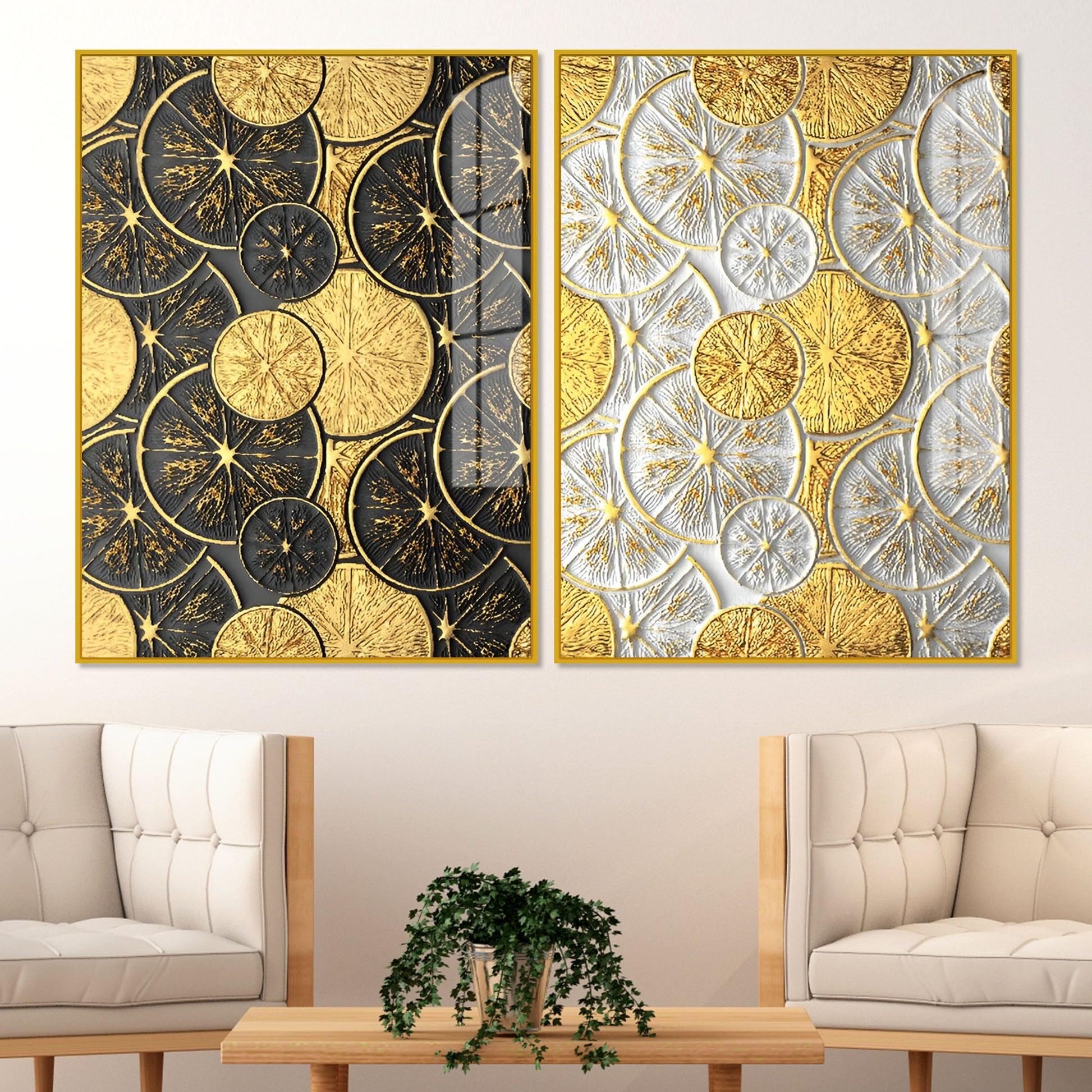 Abstract Golden Shapes Art Acrylic Floating Wall Painting Set Of 2 - Decor Mantra 