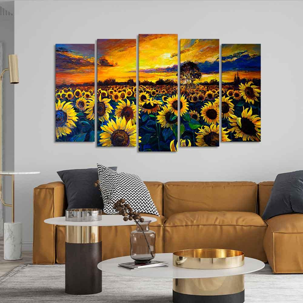 Beautiful Sunflower Garden Canvas Wall Painting of Five Pieces - Decor Mantra 