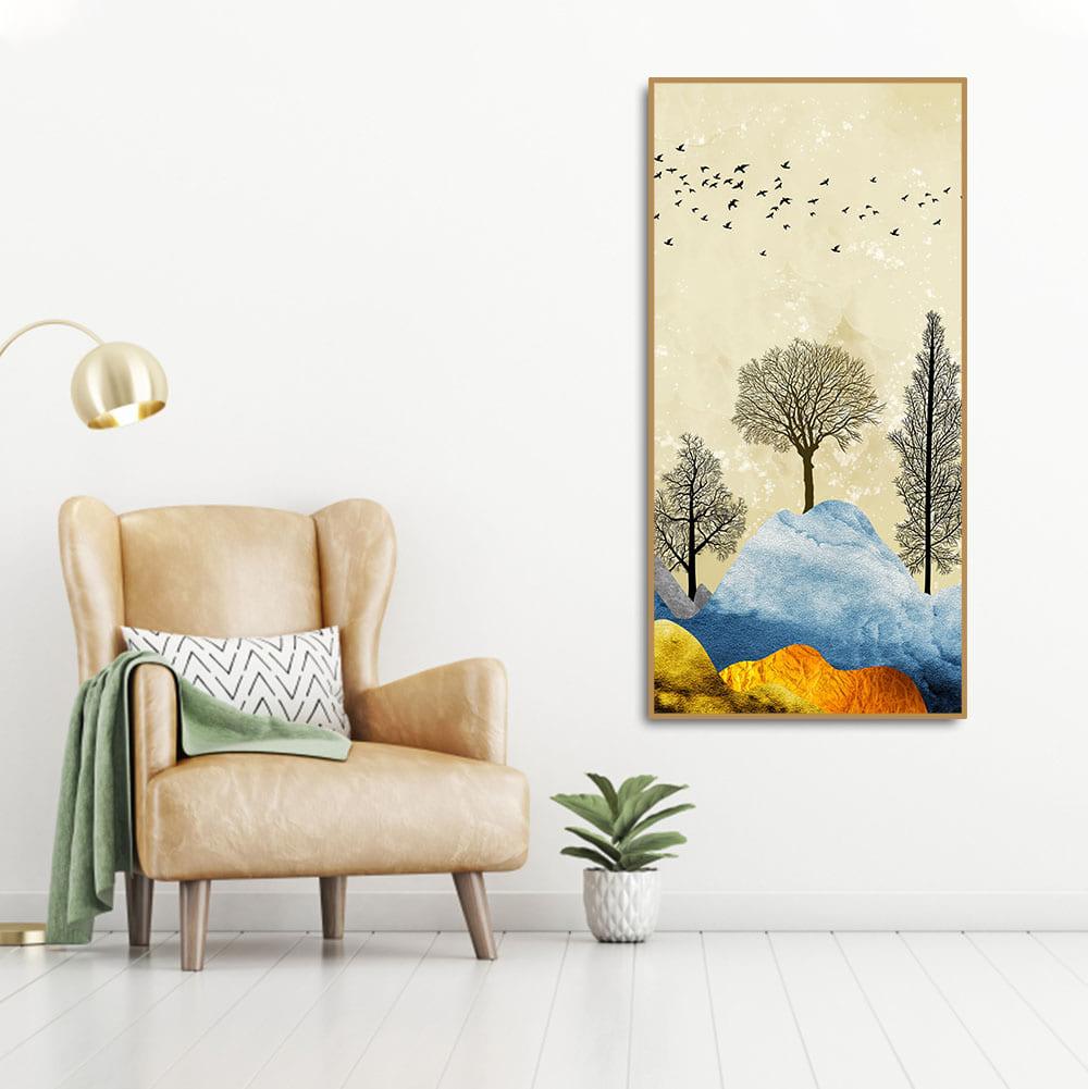 Beautiful Mountain Landscape with Trees and Birds Canvas Wall painting - Decor Mantra 