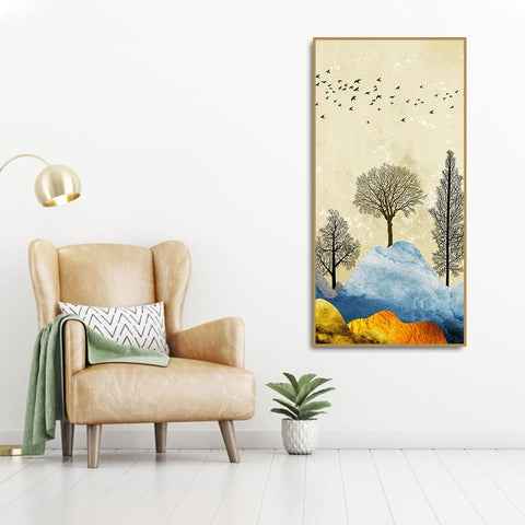 Beautiful Mountain Landscape with Trees and Birds Canvas Wall painting - Decor Mantra 