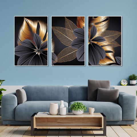 Golden Leaf Flower Floating Canvas Wall Painting Set of Three - Decor Mantra 