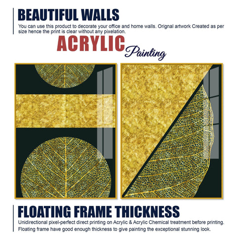 Golden Leaves and Line Art Acrylic Floating Wall Painting Set Of 2 - Decor Mantra 