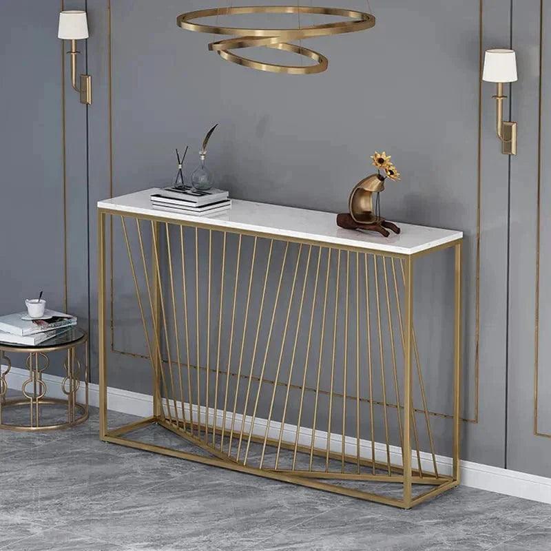 Linear Design Golden Metal Stand Console Marble Table - Decor Mantra 