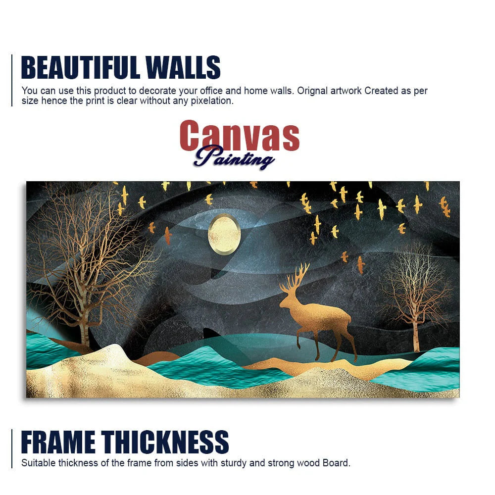 Midnight Golden Deer Scenery Premium Canvas Wall Painting