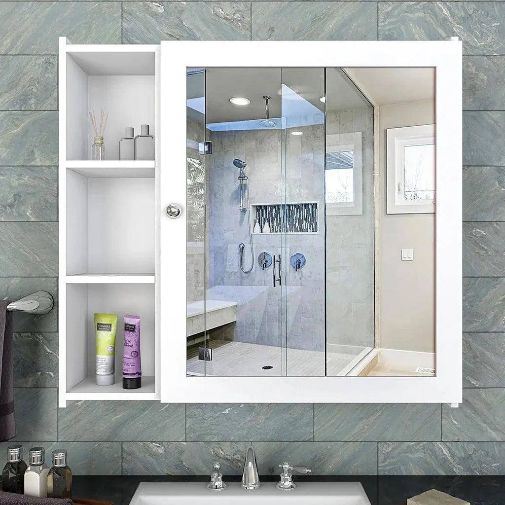 Minimal Design Wooden Bathroom Cabinet Mirror with 5 Spacious Shelves with White Finish - Decor Mantra 