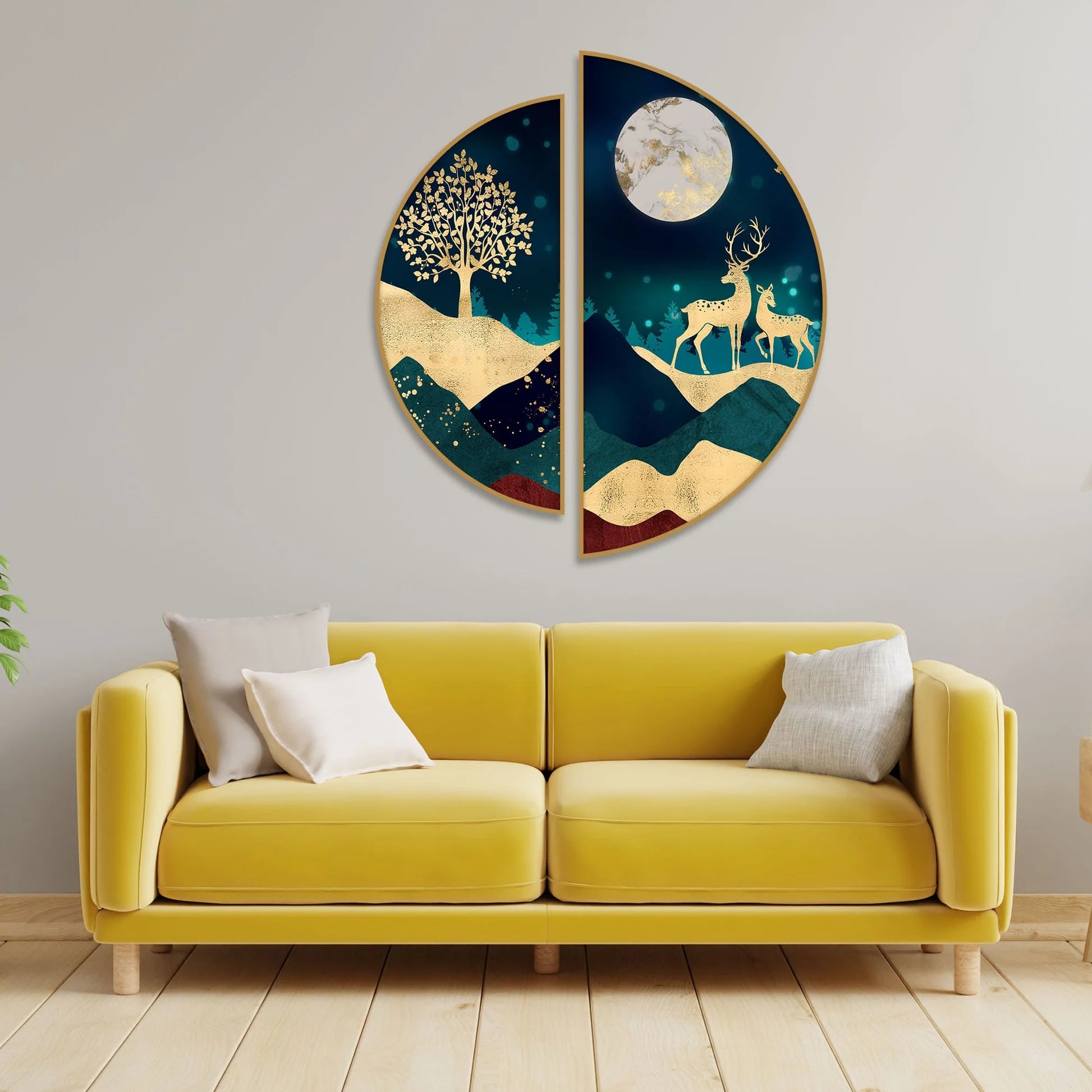 Modern Art of Mountains and Deer Semi Circle Frames Set Of 2 - Decor Mantra 