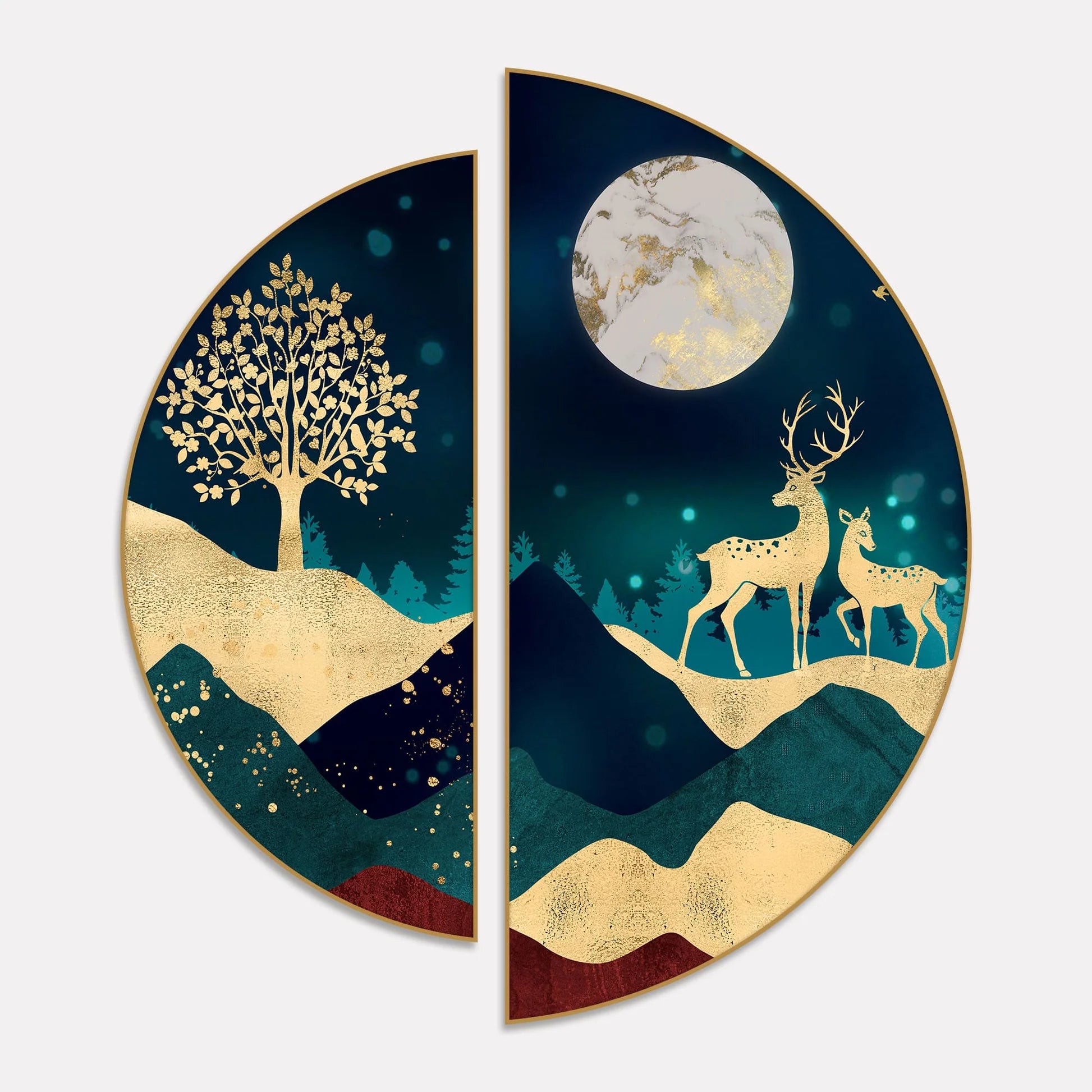 Modern Art of Mountains and Deer Semi Circle Frames Set Of 2 - Decor Mantra 