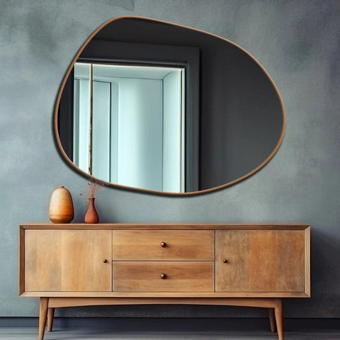Modern Decorative Asymmetrical Bathroom Mirror with Golden Wooden Finish - Decor Mantra 