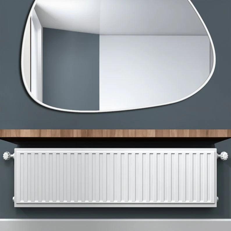 Modern Decorative Asymmetrical Bathroom Mirror with White Wooden Finish - Decor Mantra 