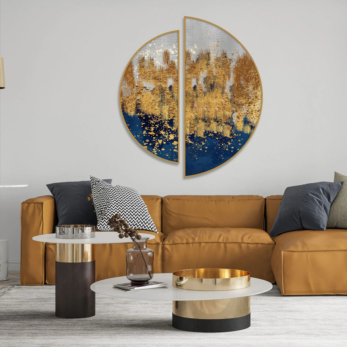 Modern Golden Art Textured Design Semi Circle Frames Set Of 2 - Decor Mantra 