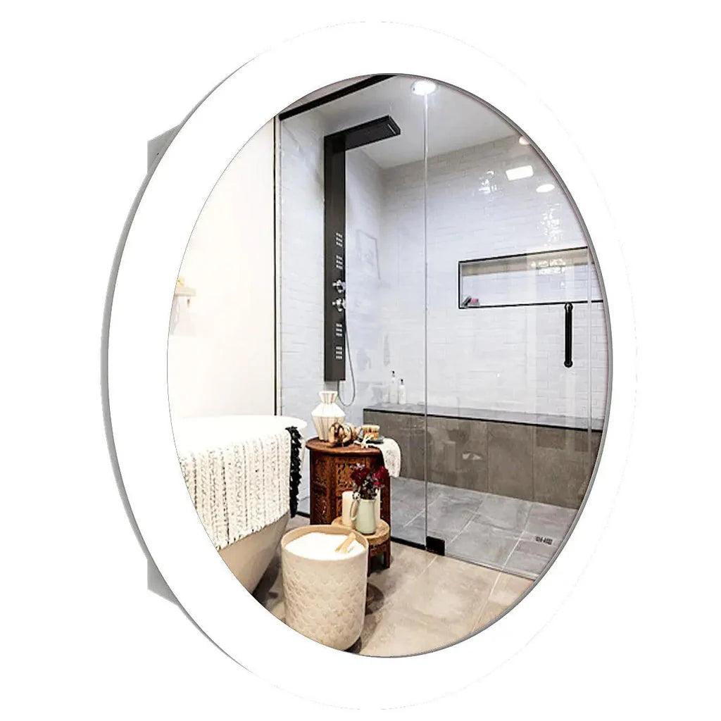 Modish Circular Wooden Bathroom Cabinet Mirror with 2 Spacious Shelves with White Finish - Decor Mantra 