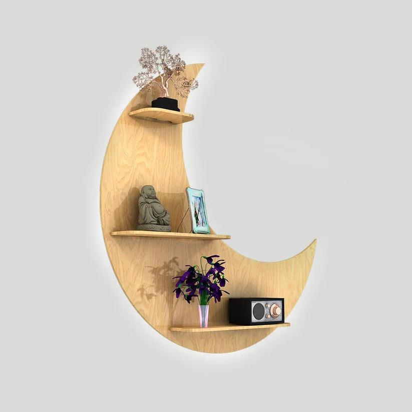 Moon Backlit Designer Wooden Wall Shelf / Book Shelf, Oak Finish - Decor Mantra 