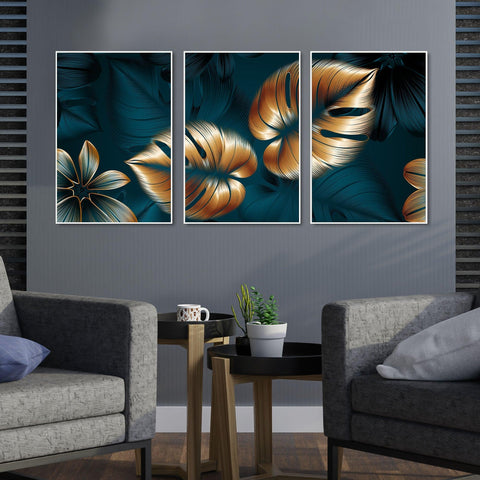 Shiny Golden Leaves Floating Canvas Wall Painting Set of Three - Decor Mantra 