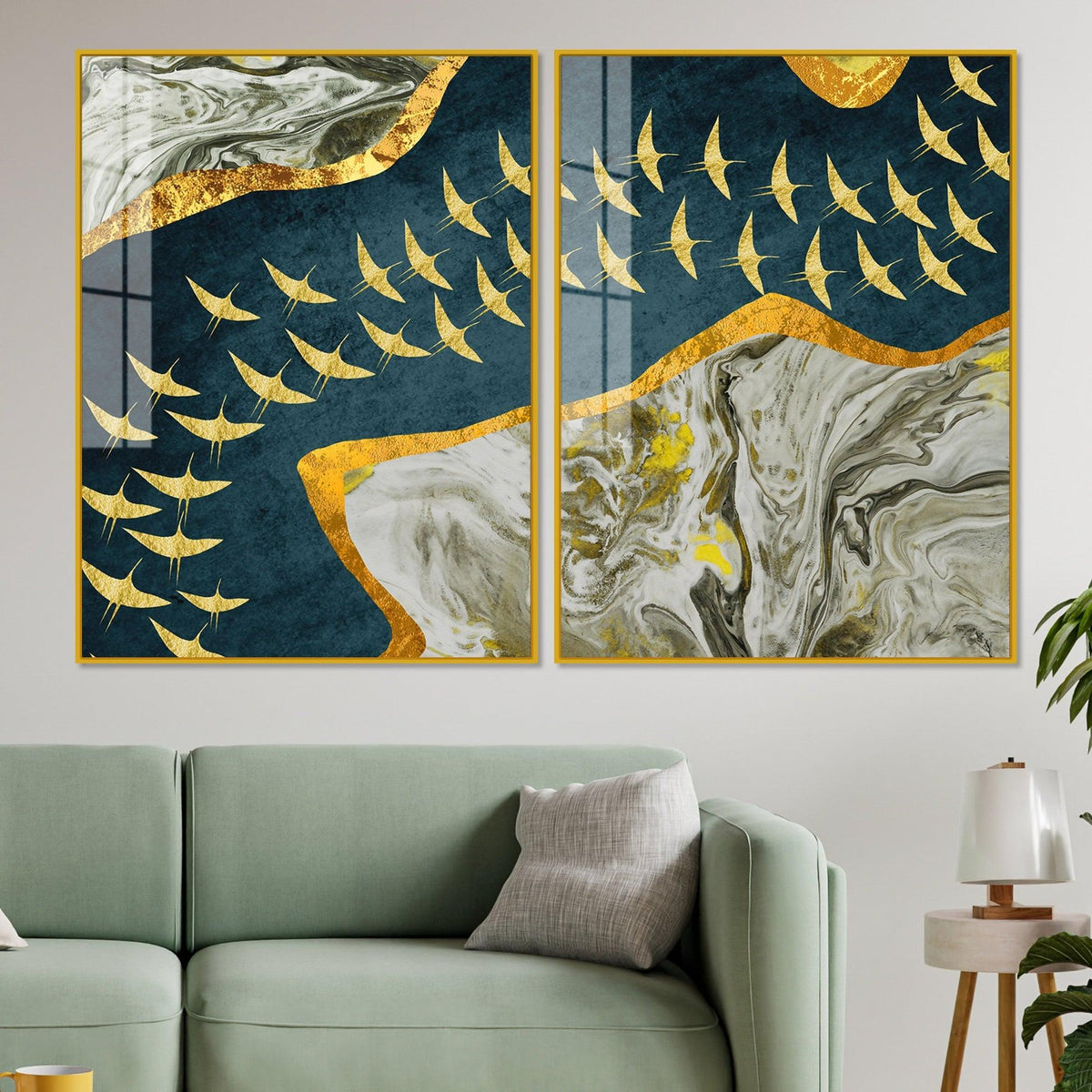 A Flock of Golden Birds Acrylic Floating Wall Painting Set of 2 - Decor Mantra 