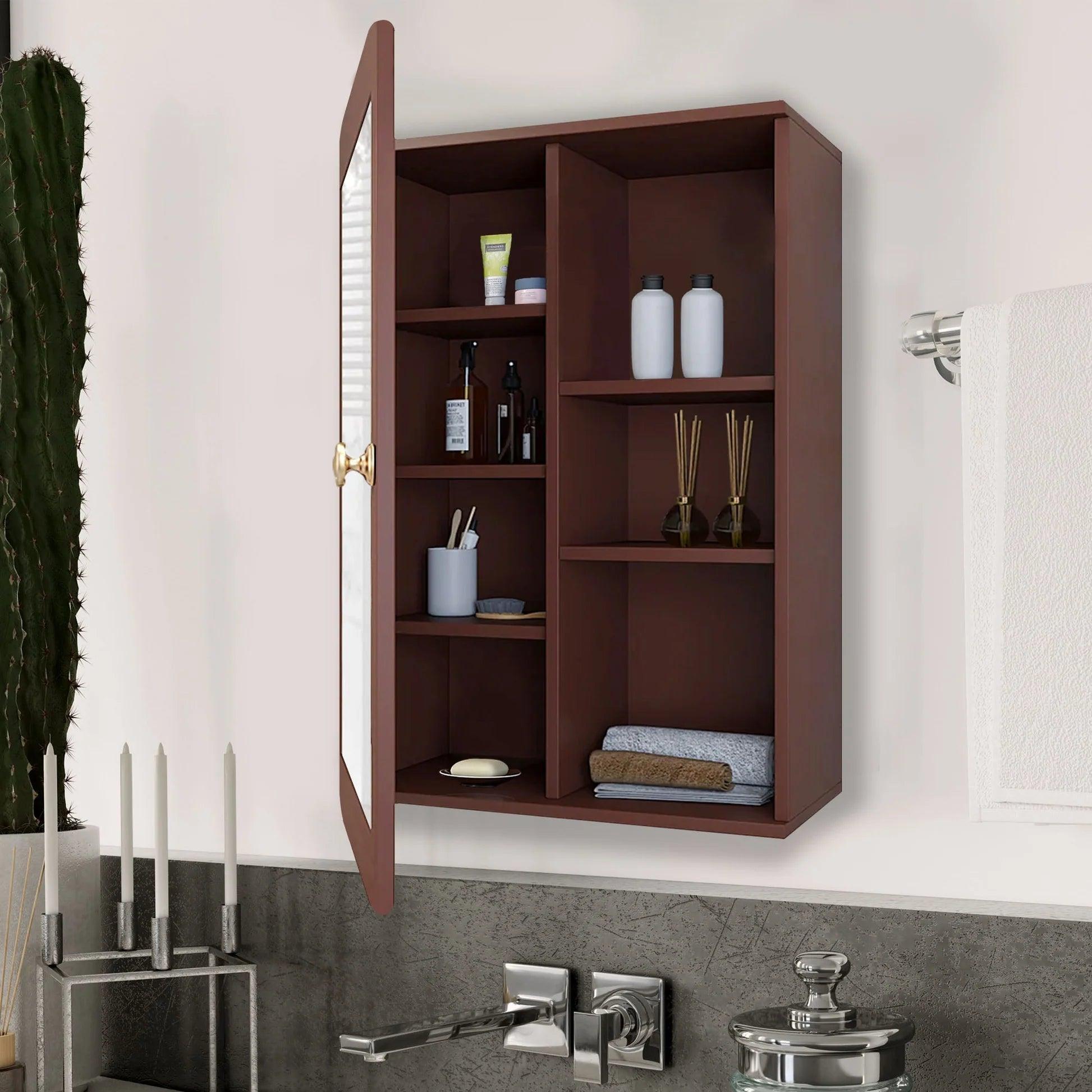 Premium Wooden Brown Bathroom Cabinet with Mirror & 7 Spacious Shelves - Decor Mantra 