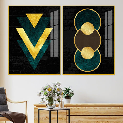 Modern Artistic Geometric Shapes Acrylic Floating Wall Painting Set Of 2 - Decor Mantra 