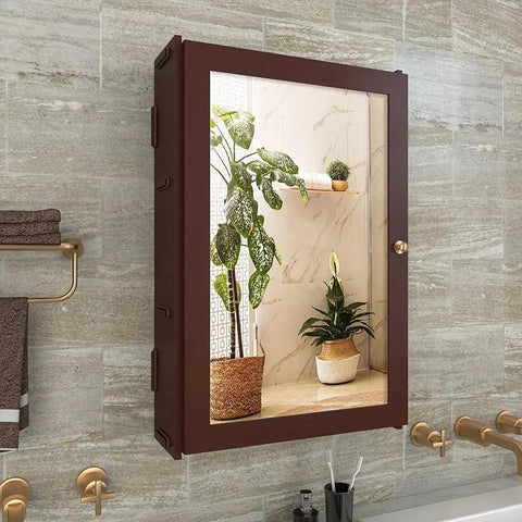 Rectangular Wooden Bathroom Cabinet Mirror with 3 Spacious Shelves with Solid Brown Finish - Decor Mantra 