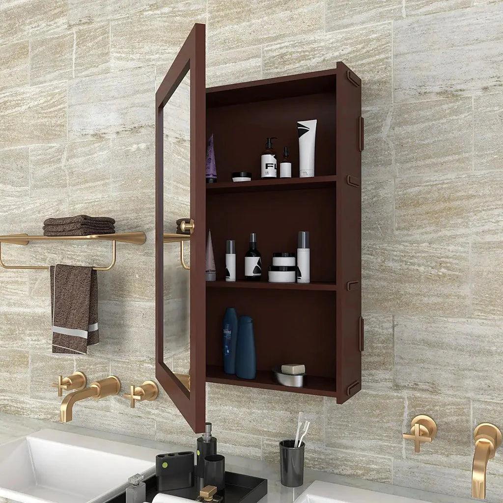 Rectangular Wooden Bathroom Cabinet Mirror with 3 Spacious Shelves with Solid Brown Finish - Decor Mantra 