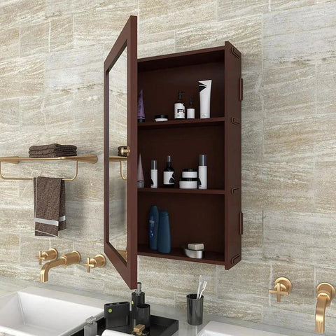 Rectangular Wooden Bathroom Cabinet Mirror with 3 Spacious Shelves with Solid Brown Finish - Decor Mantra 