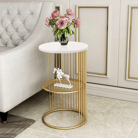 Designer Art Golden Half Caged White with Marble Coffee Round Side Table - Decor Mantra 