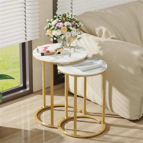 Round Marble Table Set of 2 with Iron Stands - Decor Mantra 