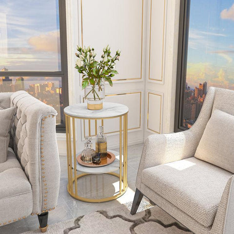 Double Layer Marble Side Table with Sturdy Iron Stand - Decor Mantra 